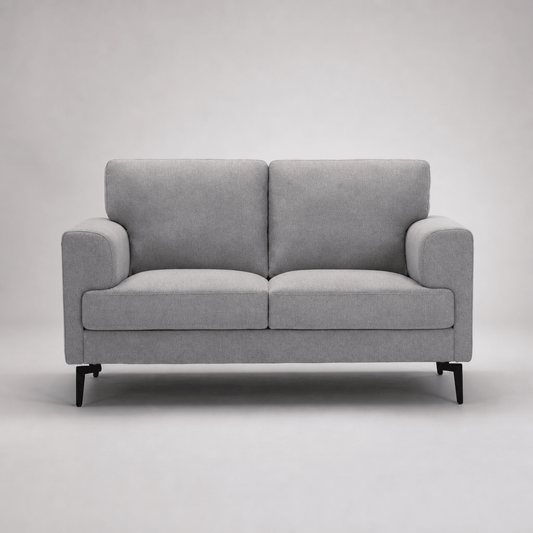 Kyrene Light Gray Linen Loveseat 61" featuring a modern design with sleek metal legs and plush cushions.