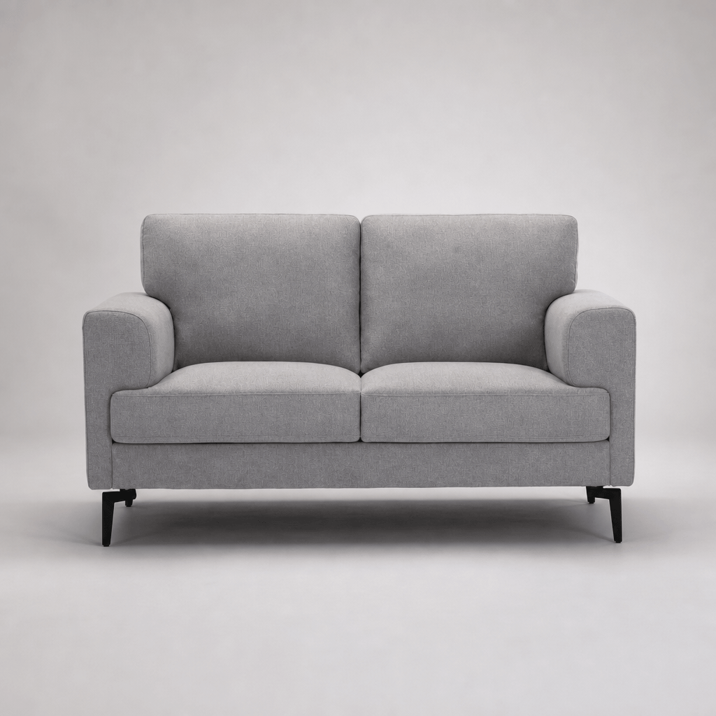 Kyrene Light Gray Linen Loveseat 61" featuring a modern design with sleek metal legs and plush cushions.