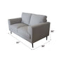 Kyrene Light Gray Linen Loveseat 61" featuring soft linen upholstery and sleek metal legs, dimensions 61" x 35" x 35".