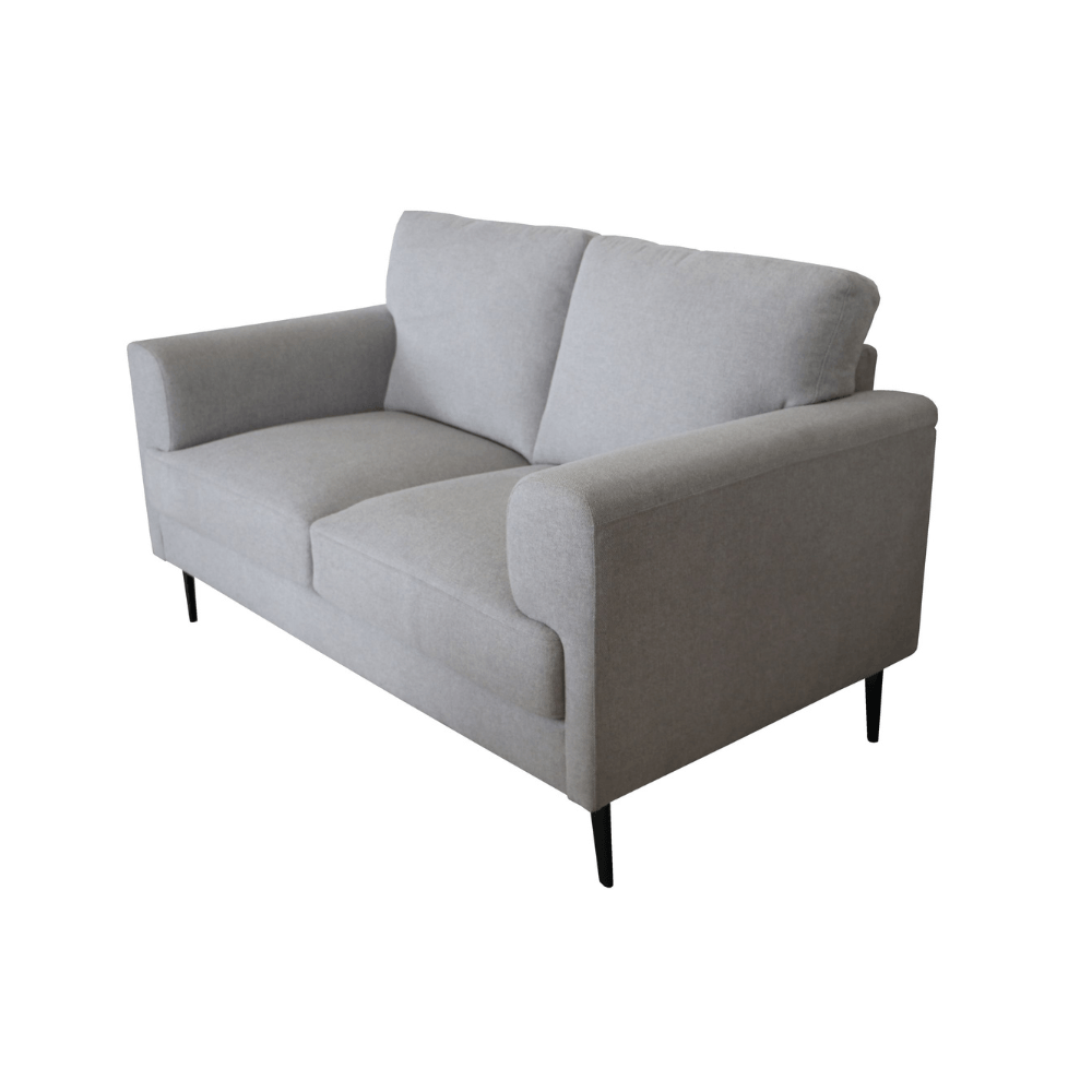 Kyrene Light Gray Linen Loveseat 61" featuring a soft gray fabric and polished metal legs, perfect for any living space.