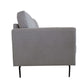 Kyrene Light Gray Linen Loveseat 61" side view showcasing light gray linen upholstery and sleek metal legs.