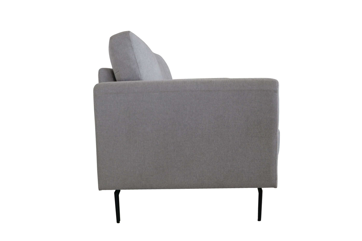 Kyrene Light Gray Linen Loveseat 61" side view showcasing light gray linen upholstery and sleek metal legs.