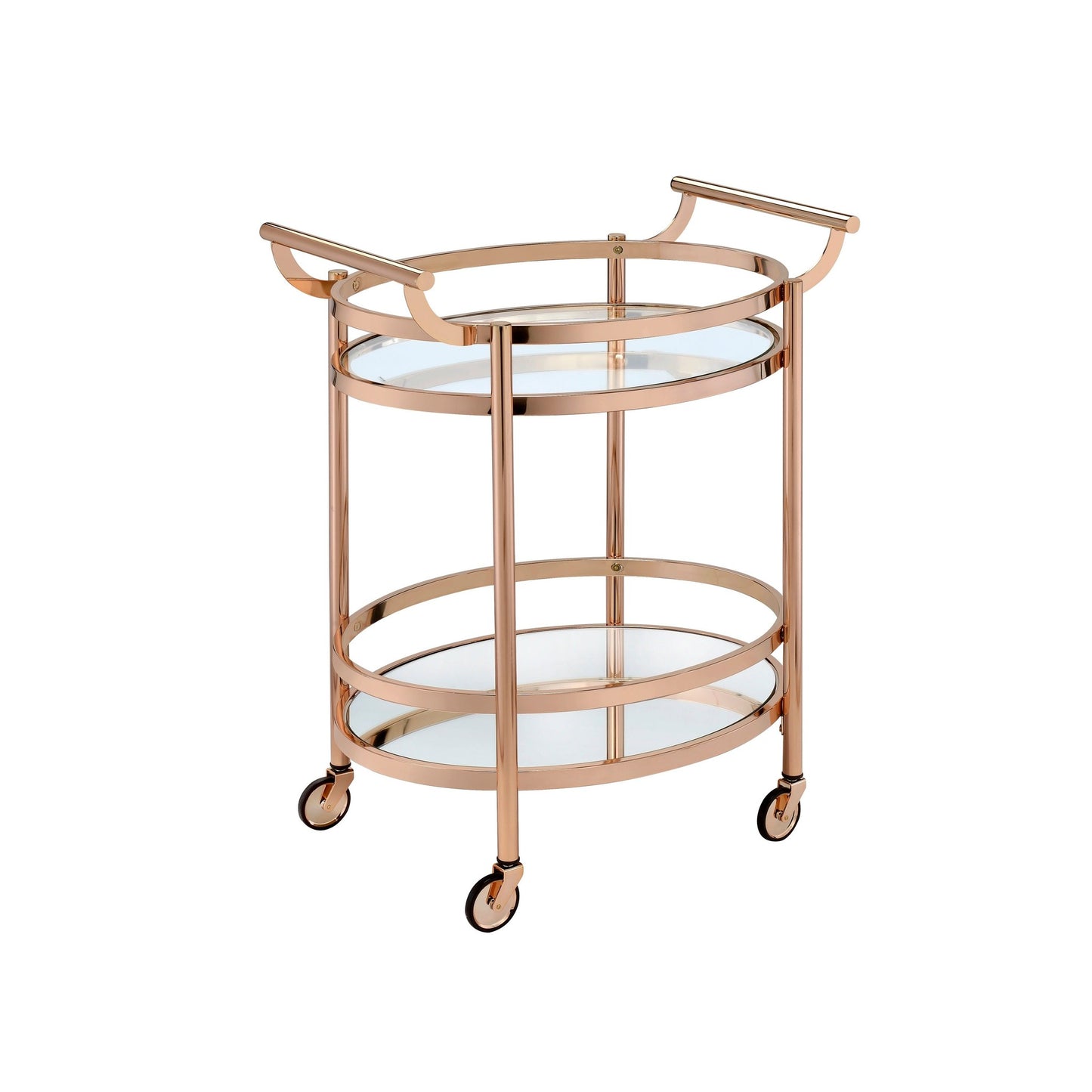 Lakelyn Clear Glass & Rose Gold Finish Serving Cart – 27" Rolling Serving Cart