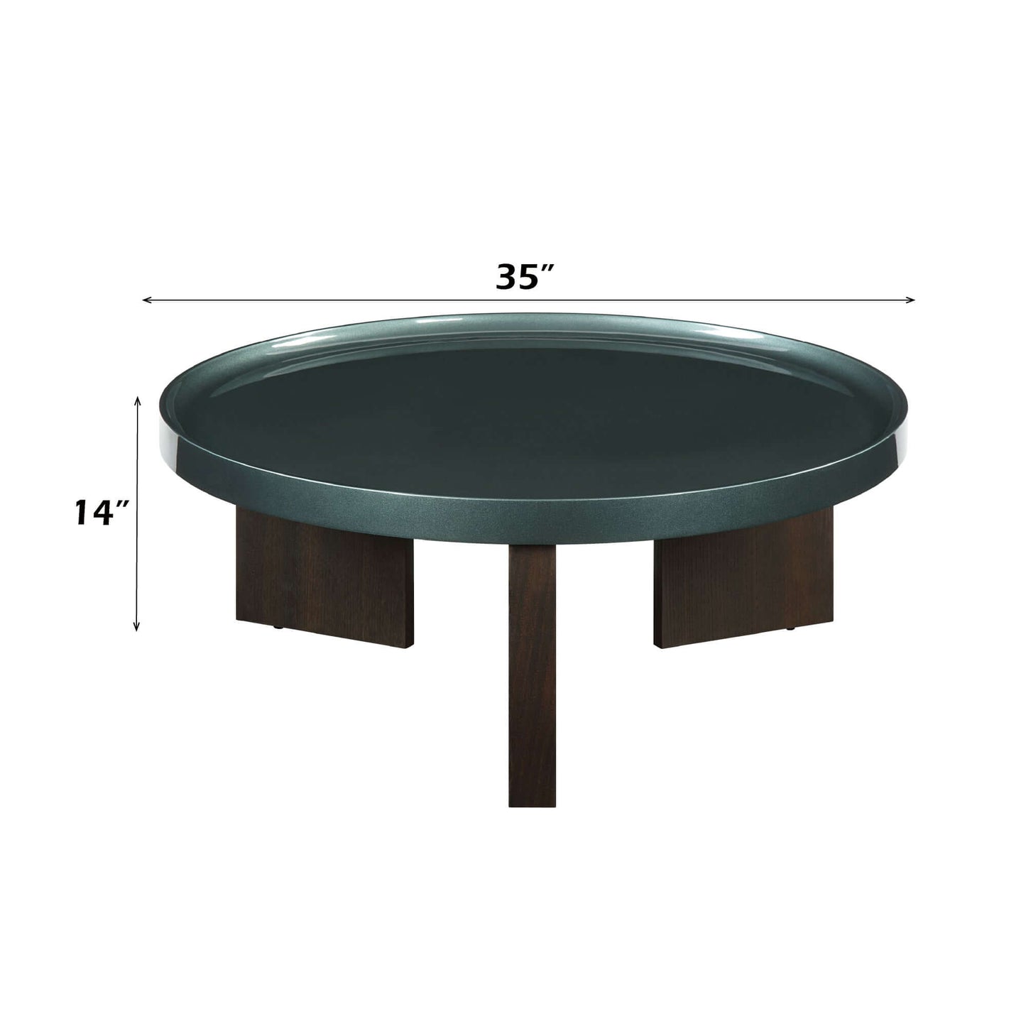 Lakita Blackish Green & Smoked Oak Coffee Table – 35” Modern Mixed-Finish Table, round design with dimensions 35” x 14”.