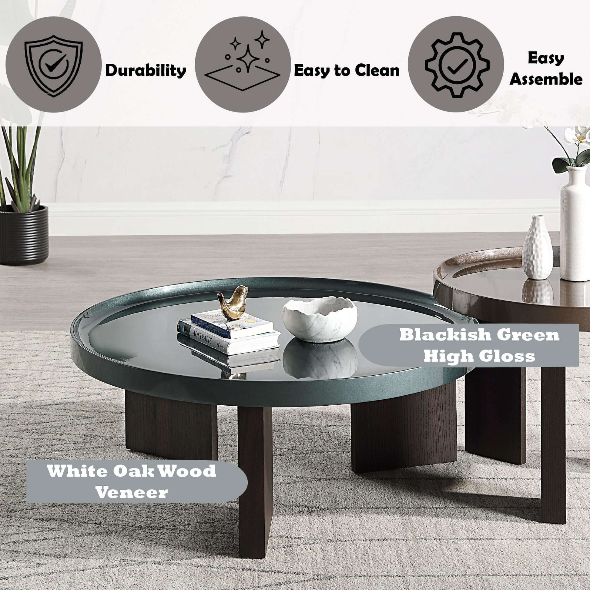 Lakita Blackish Green & Smoked Oak Coffee Table – 35” Modern Mixed-Finish Table with high gloss and oak veneer.