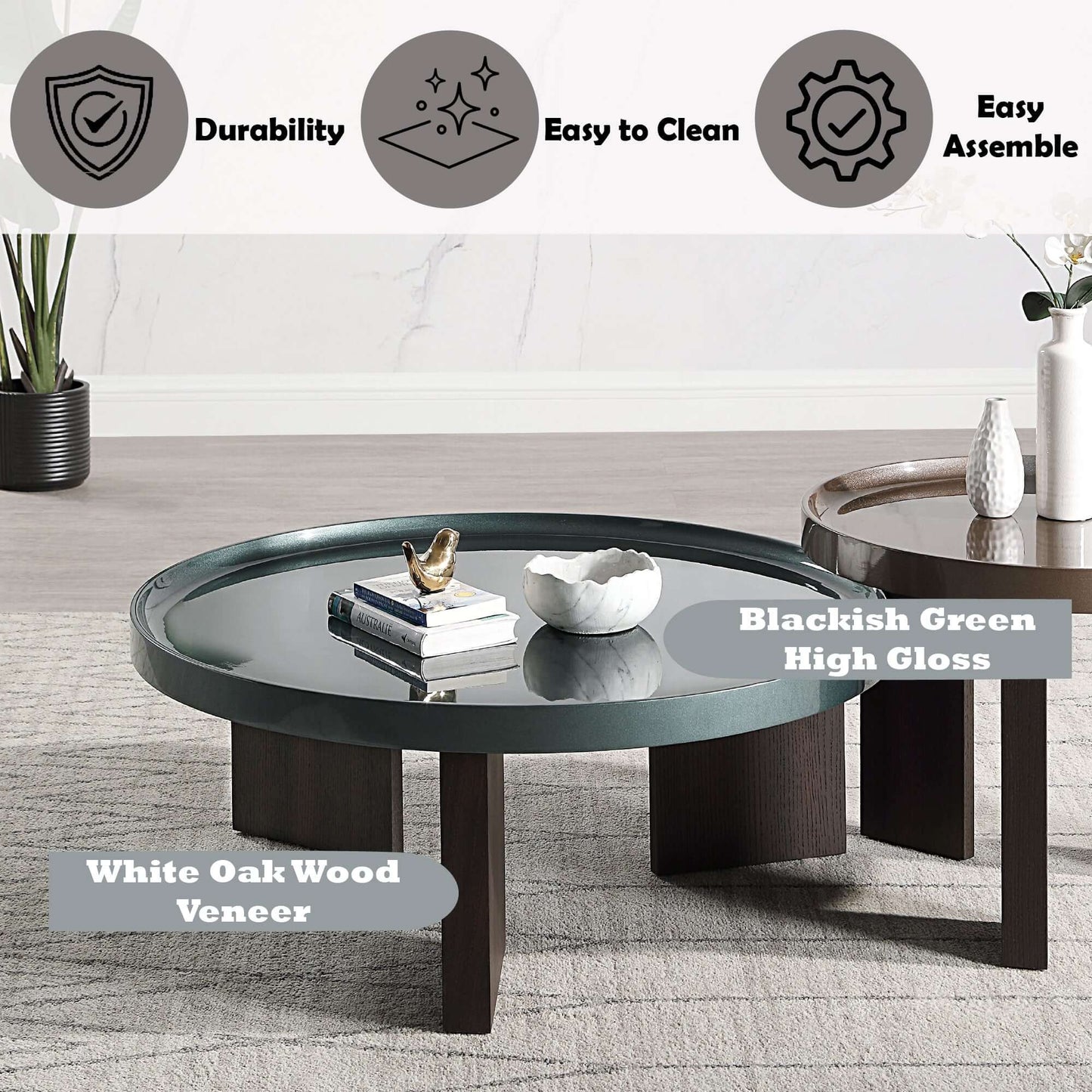 Lakita Blackish Green & Smoked Oak Coffee Table – 35” Modern Mixed-Finish Table with high gloss and oak veneer.