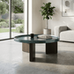 Lakita Blackish Green & Smoked Oak Coffee Table – 35” Modern Mixed-Finish Table in a modern living room setting.