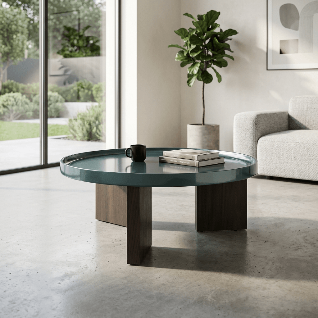 Lakita Blackish Green & Smoked Oak Coffee Table – 35” Modern Mixed-Finish Table in a modern living room setting.