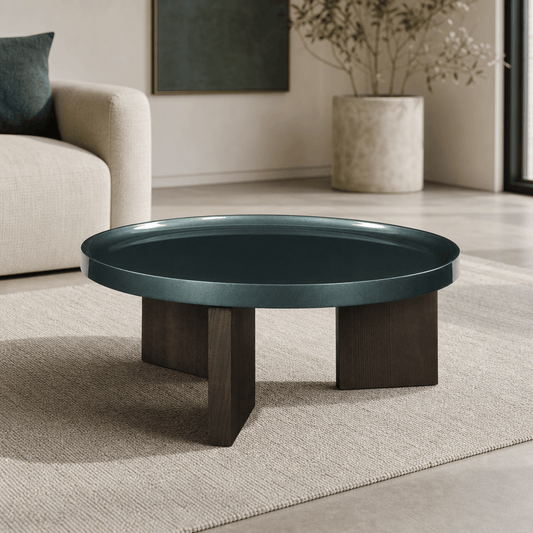 Lakita Blackish Green & Smoked Oak Coffee Table – 35” Modern Mixed-Finish Table on a stylish living room rug.
