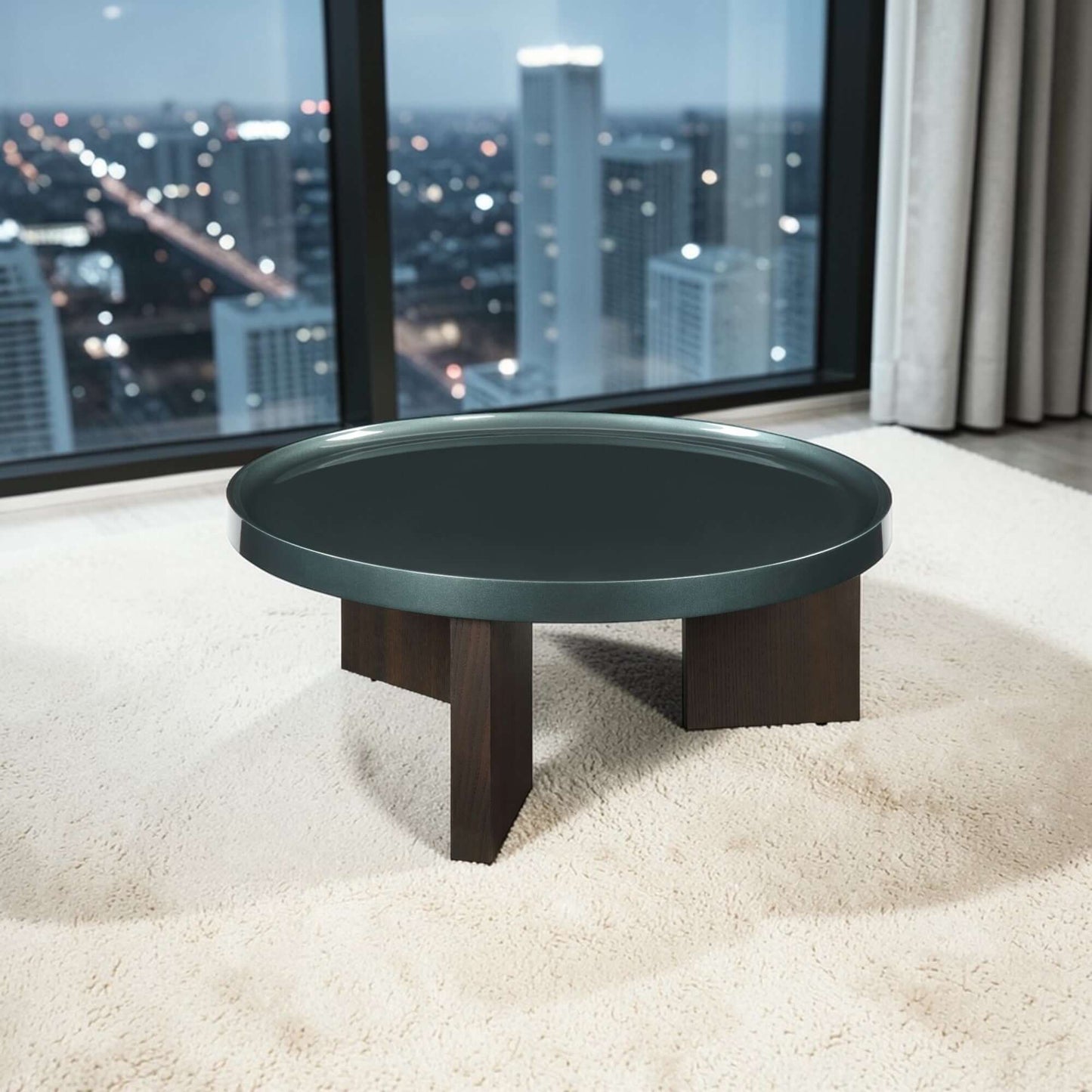 Lakita Blackish Green & Smoked Oak Coffee Table – 35” Modern Mixed-Finish Table in a modern living room setting.