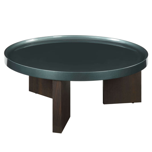 Lakita Blackish Green & Smoked Oak Coffee Table – 35” Modern Mixed-Finish Table with round high gloss surface.
