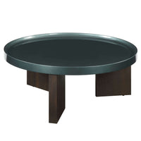 Lakita Blackish Green & Smoked Oak Coffee Table – 35” Modern Mixed-Finish Table with round high gloss surface.