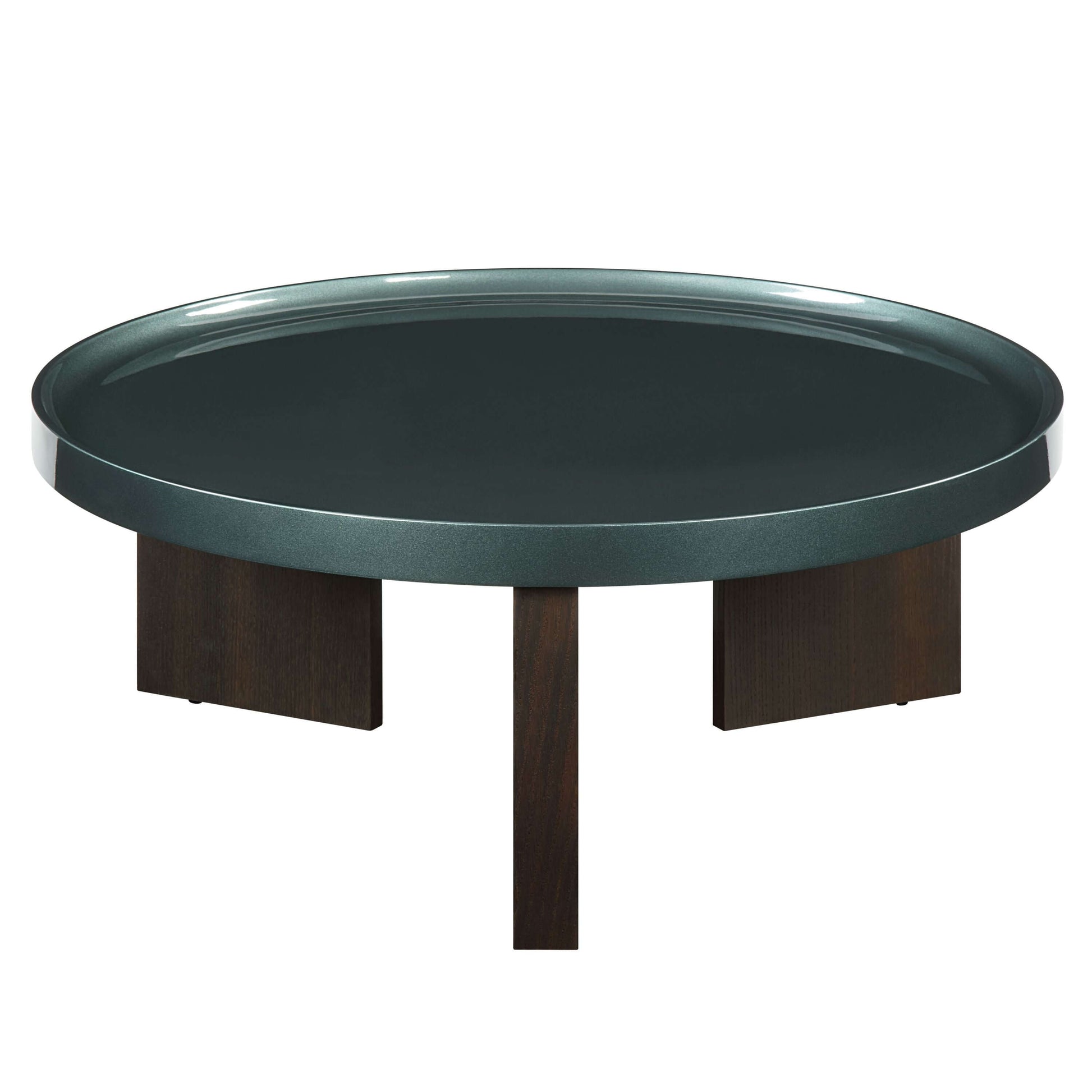 Lakita Blackish Green & Smoked Oak Coffee Table – 35” Modern Mixed-Finish Table showcasing round design and contrasting colors.