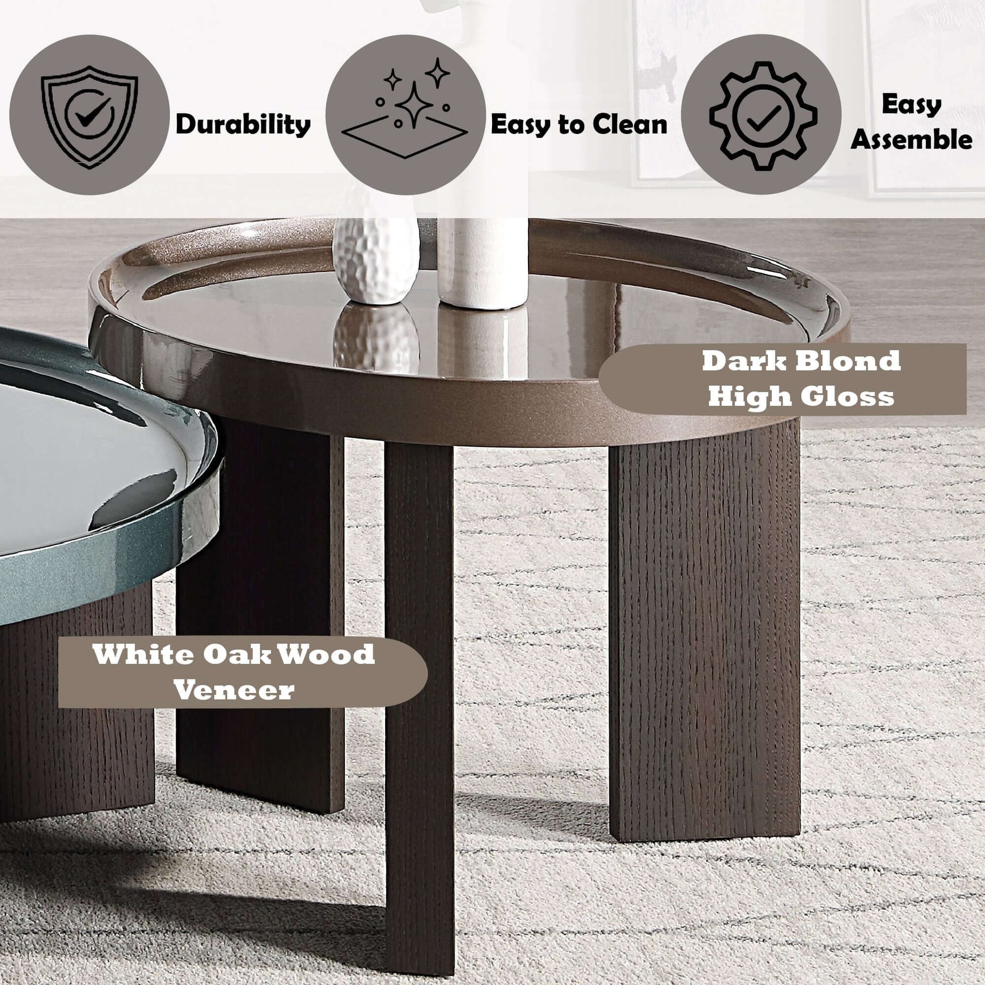 Lakita Round High Gloss & Smoked Oak Finish End Table 24" showcasing dark blond high gloss tabletop and white oak veneer base.