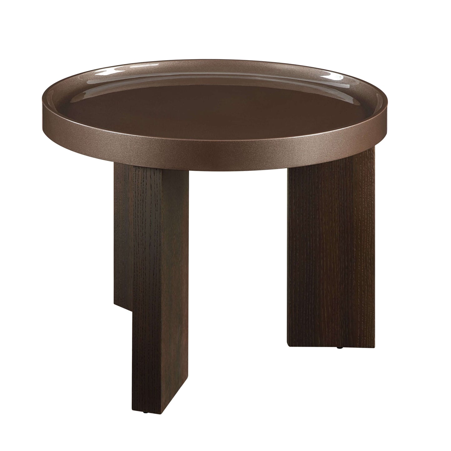Lakita Round High Gloss & Smoked Oak Finish End Table 24" with dark blond glossy top and smoked oak legs.
