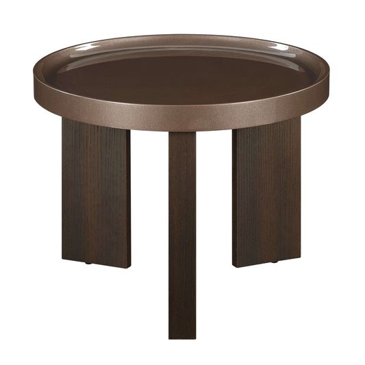 Lakita Round High Gloss & Smoked Oak Finish End Table 24" with dark blond tabletop and smoked oak base.