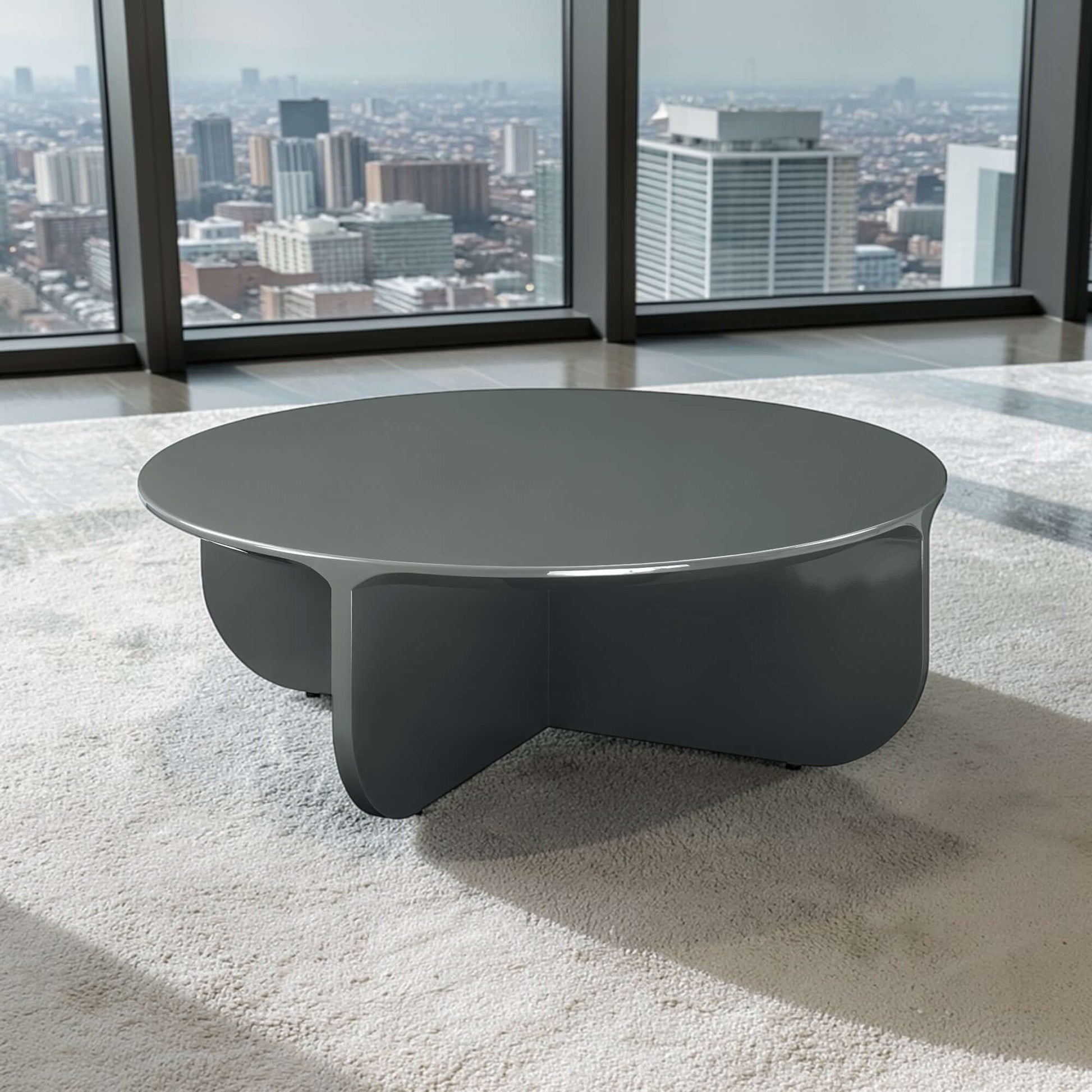 Lamond Dark Olive High Gloss Coffee Table – 39” Square Modern Table in a contemporary setting with city view.