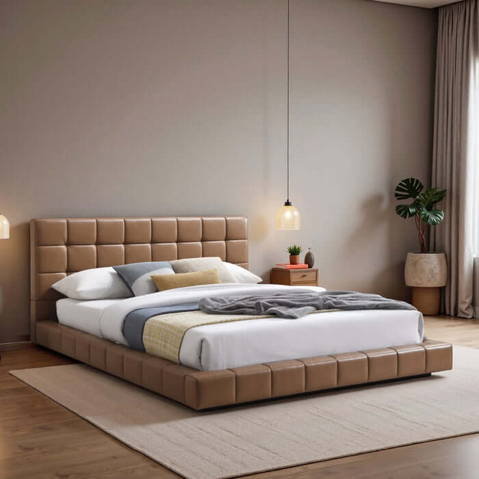 Hudson leather upholstered queen platform bed frame with biscuit-tufted headboard in tan.
