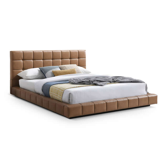 Hudson Leather Upholstered Queen Platform Bed Frame in tan vegan leather with tufted headboard.