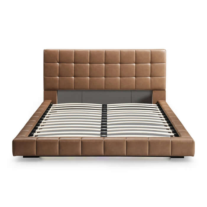 Hudson Leather Upholstered Queen Platform Bed Frame in tan vegan leather with biscuit-tufted headboard.