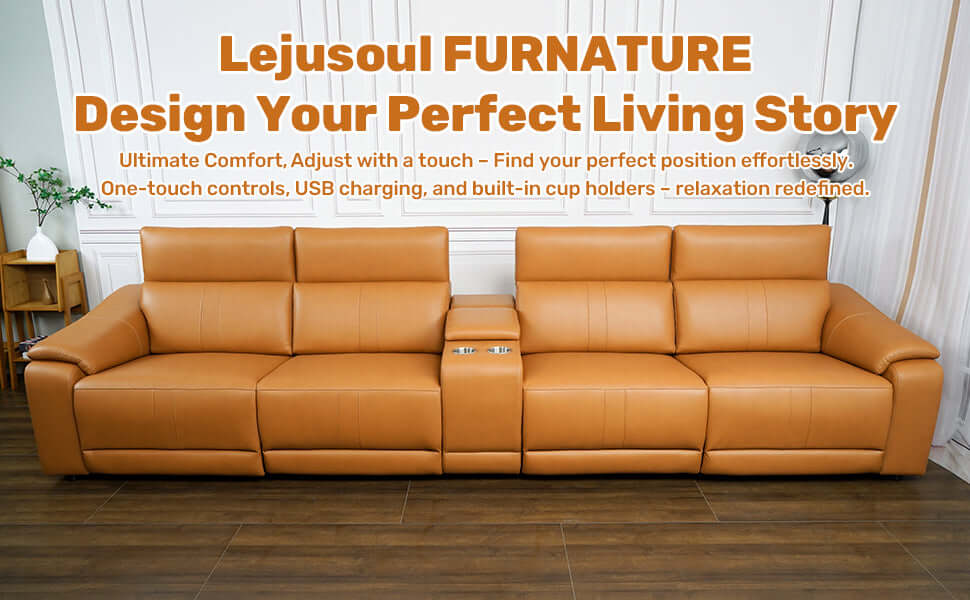 Modern Modular Leather Reclining Sectional Sofa – 5 Piece Couch with Cup Holders (4 Seat) in a contemporary living room.