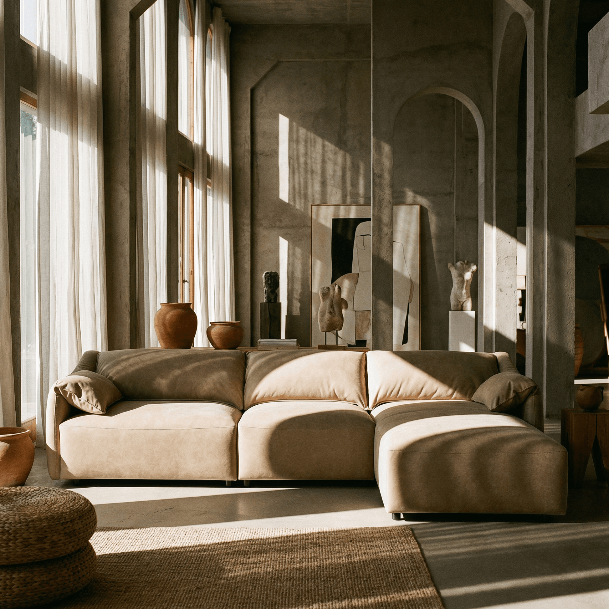 Brown Suede Sectional Sofa with Chaise – 127” L-Shape Couch in a stylish living room setting.