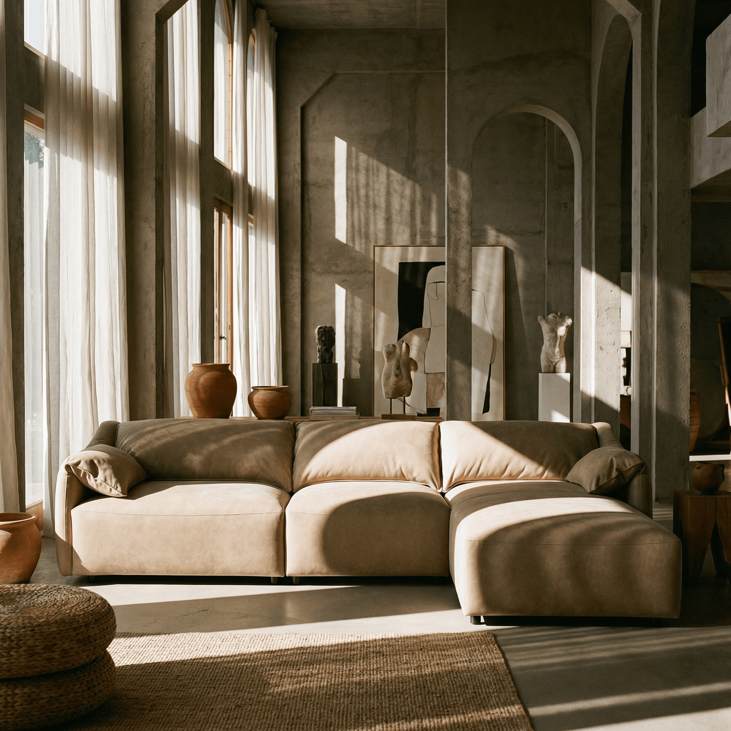 Brown Suede Sectional Sofa with Chaise – 127” L-Shape Couch in a stylish living room setting.