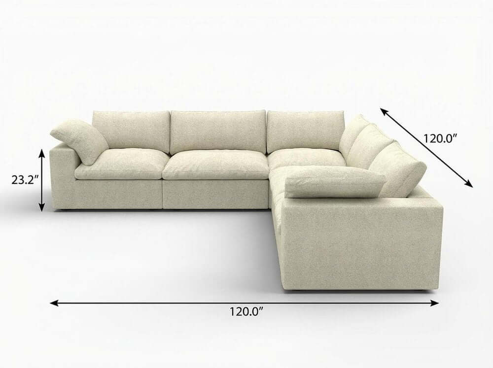 White Linen Blend Modular L Shaped Five Piece Corner Sectional dimensions and perspective view.