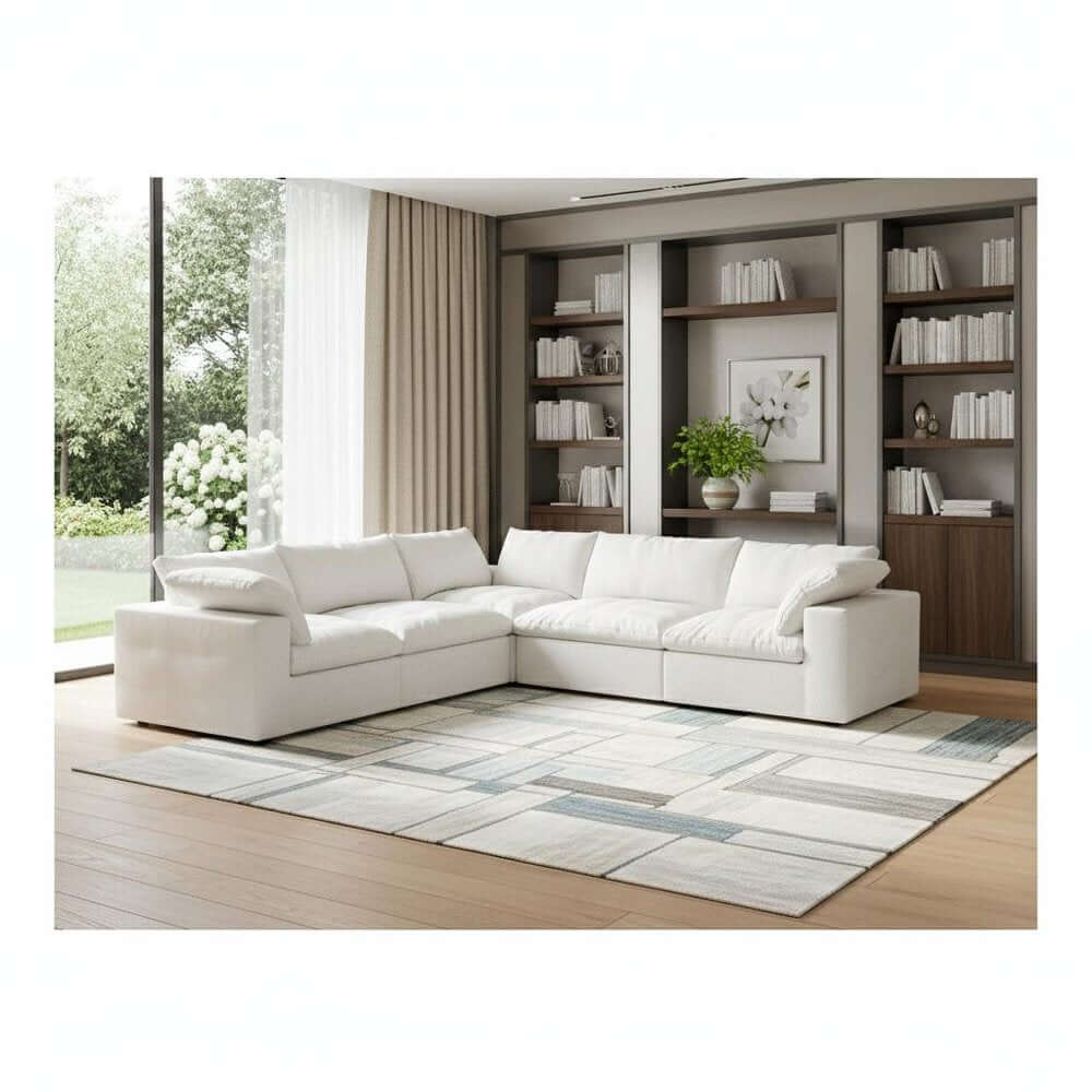 White Linen Blend Modular L Shaped Five Piece Corner Sectional in a modern living room setting.