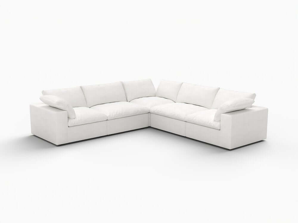 White Linen Blend Modular L Shaped Five Piece Corner Sectional in stylish white upholstery.