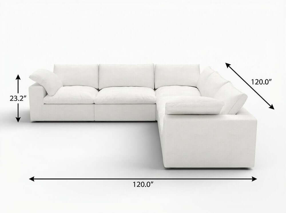 White Linen Blend Modular L Shaped Five Piece Corner Sectional dimensions showing measurements of 120x120 inches and height of 23.2 inches.