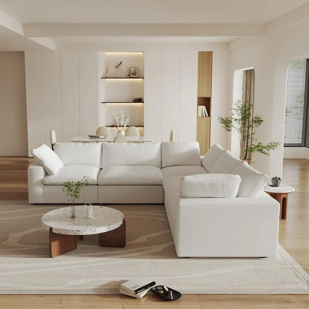 White Linen Blend Modular L Shaped Five Piece Corner Sectional in a modern living room setting.