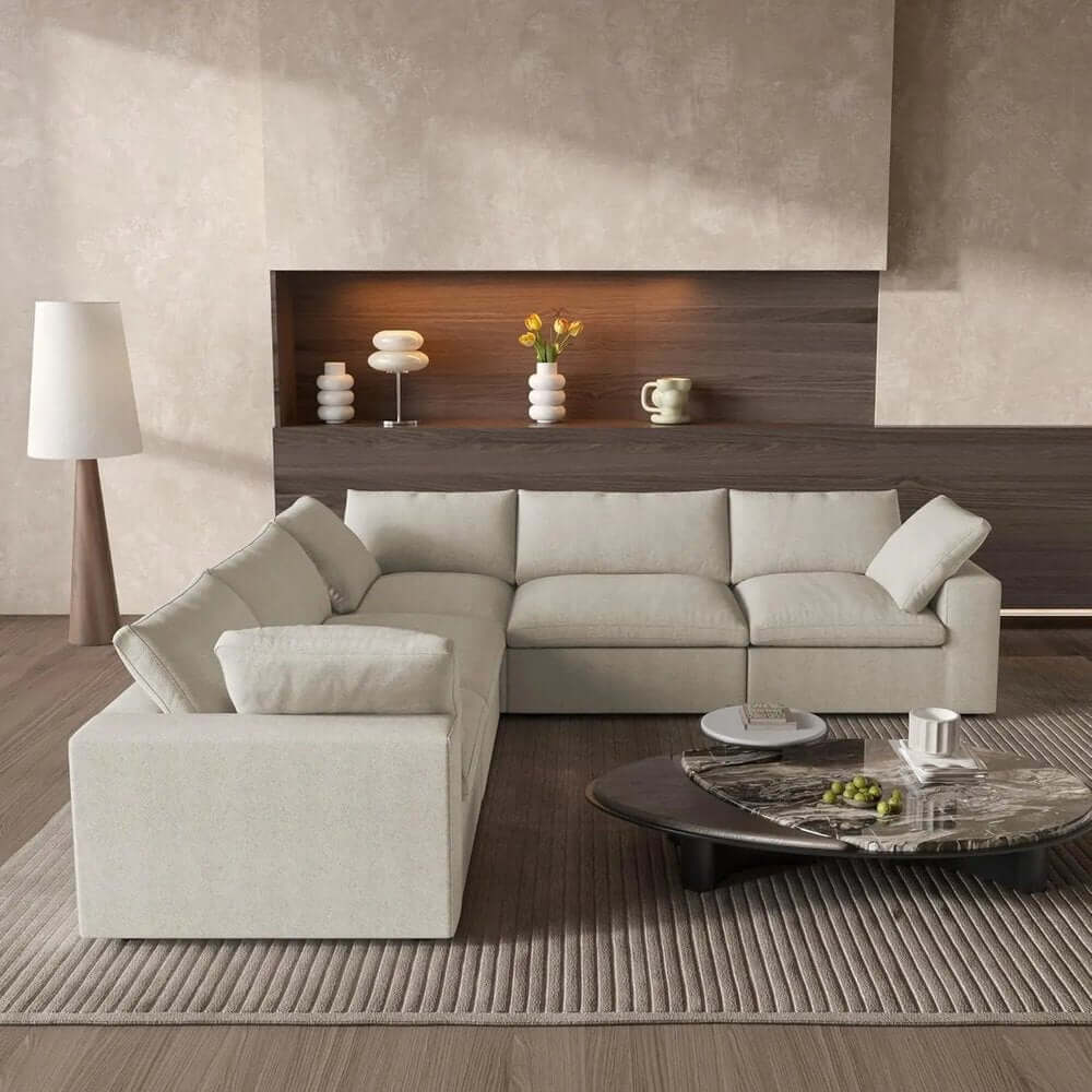 White Linen Blend Modular L Shaped Five Piece Corner Sectional in a stylish modern living room.