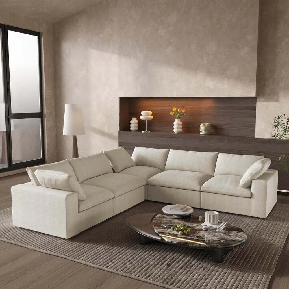 White Linen Blend Modular L Shaped Five Piece Corner Sectional in a modern living room setting