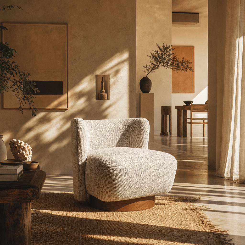 Lisa Gray Tweed Accent Chair in a modern living room setting with natural light and elegant decor.