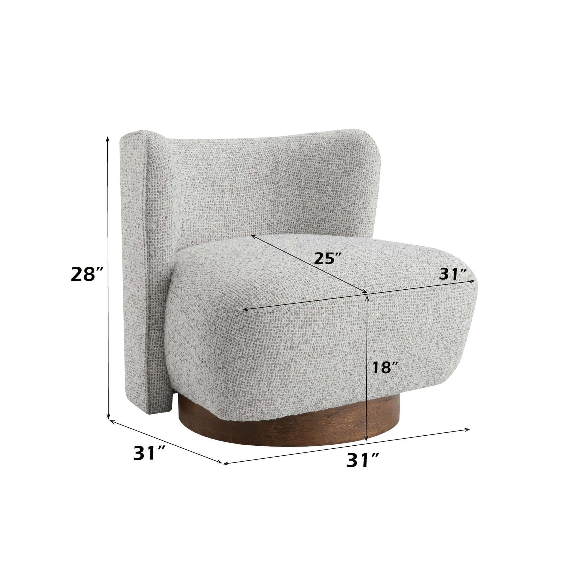 Lisa Gray Tweed Accent Chair showcasing dimensions: 28" tall, 25" wide, 31" deep, with a round base.