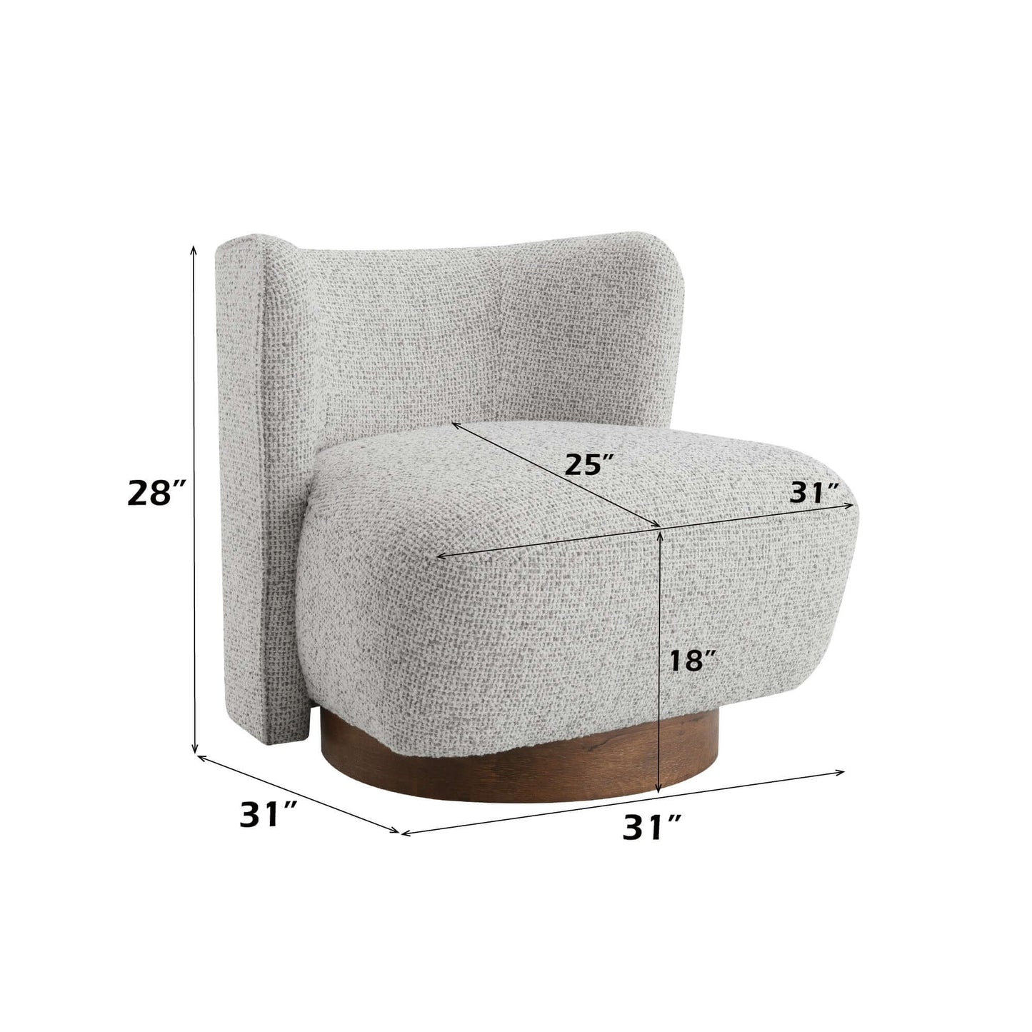 Lisa Gray Tweed Accent Chair showcasing dimensions: 28" tall, 25" wide, 31" deep, with a round base.