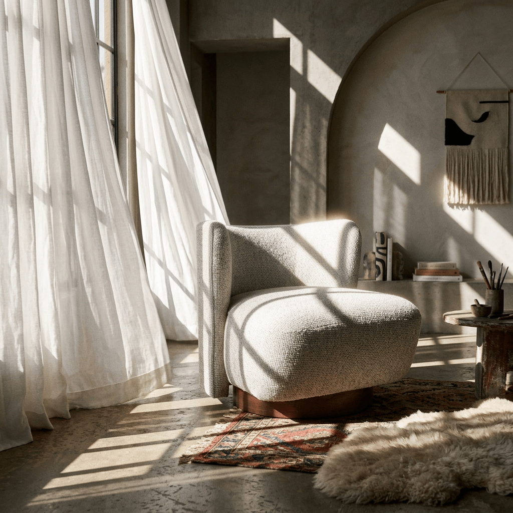 Lisa Gray Tweed Accent Chair in a sunlit room with sheer curtains and a cozy ambiance.