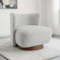Lisa Gray Tweed Accent Chair in gray tweed fabric with round wooden base, ideal for modern and transitional interiors.