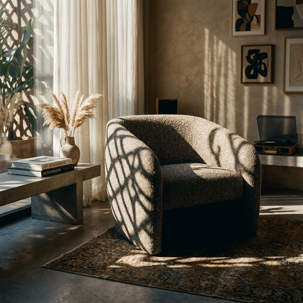Livia Brown & Gray Tweed Accent Chair in a stylish living room setting with natural light and shadows.