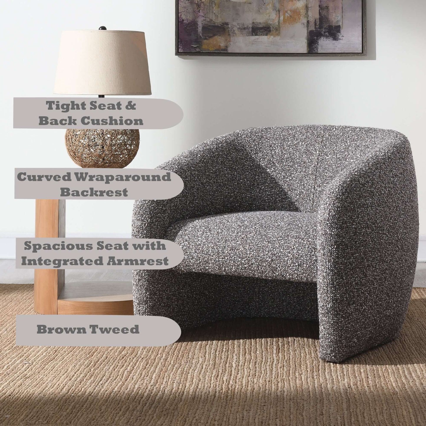 Livia Brown & Gray Tweed Accent Chair featuring tight seat, curved backrest, spacious design, and integrated armrest.
