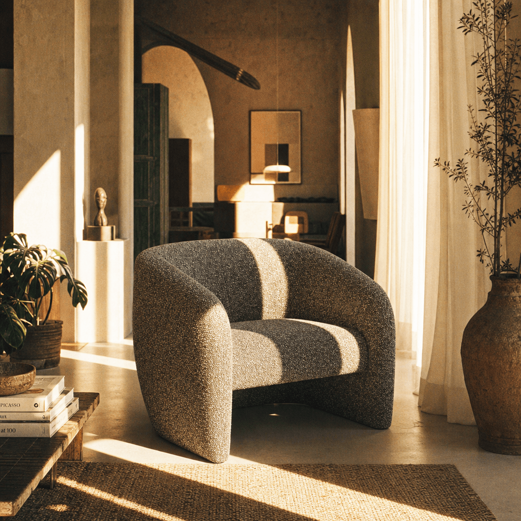 Livia Brown & Gray Tweed Accent Chair in a stylish sunlit living room with modern decor.
