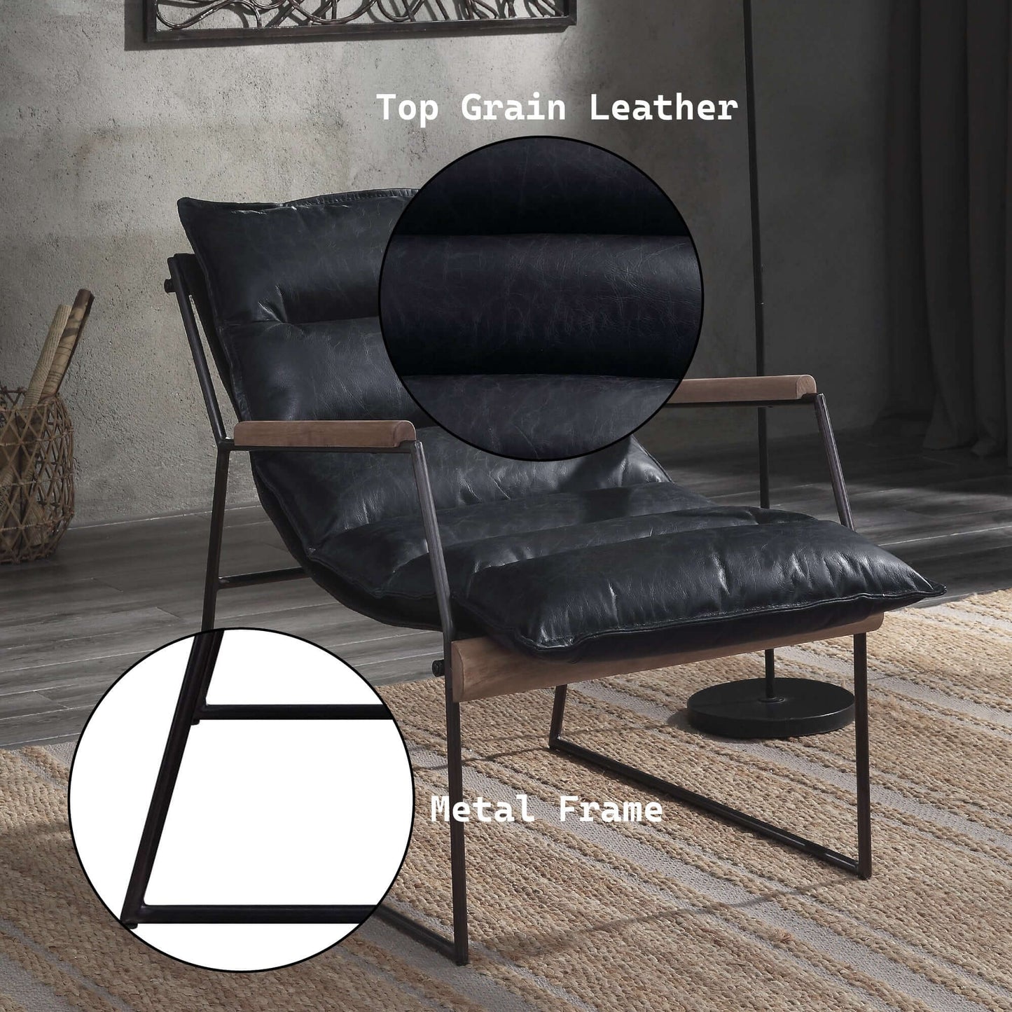 Luberzo Espresso Top-Grain Leather Armchair – Modern Metal Frame Accent Chair showcasing its top grain leather and metal frame design.