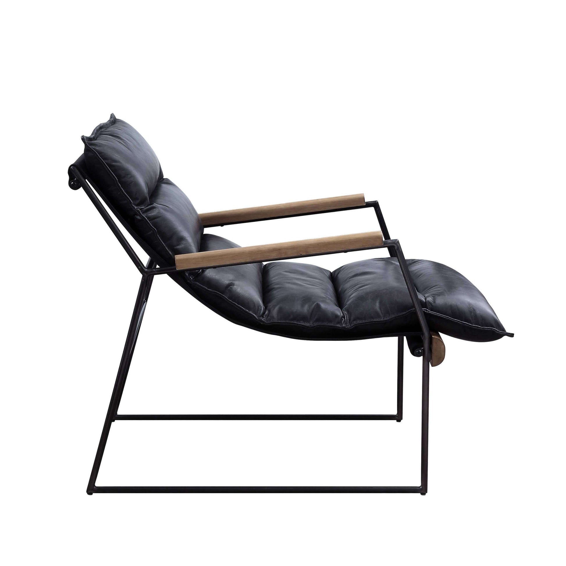 Luberzo Espresso Top-Grain Leather Armchair – Modern Metal Frame Accent Chair in sleek profile view with wood accents.