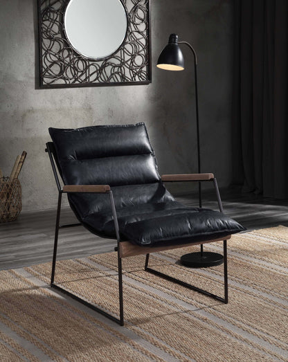 Luberzo Espresso Top-Grain Leather Armchair – Modern Metal Frame Accent Chair in a sleek living space setting.