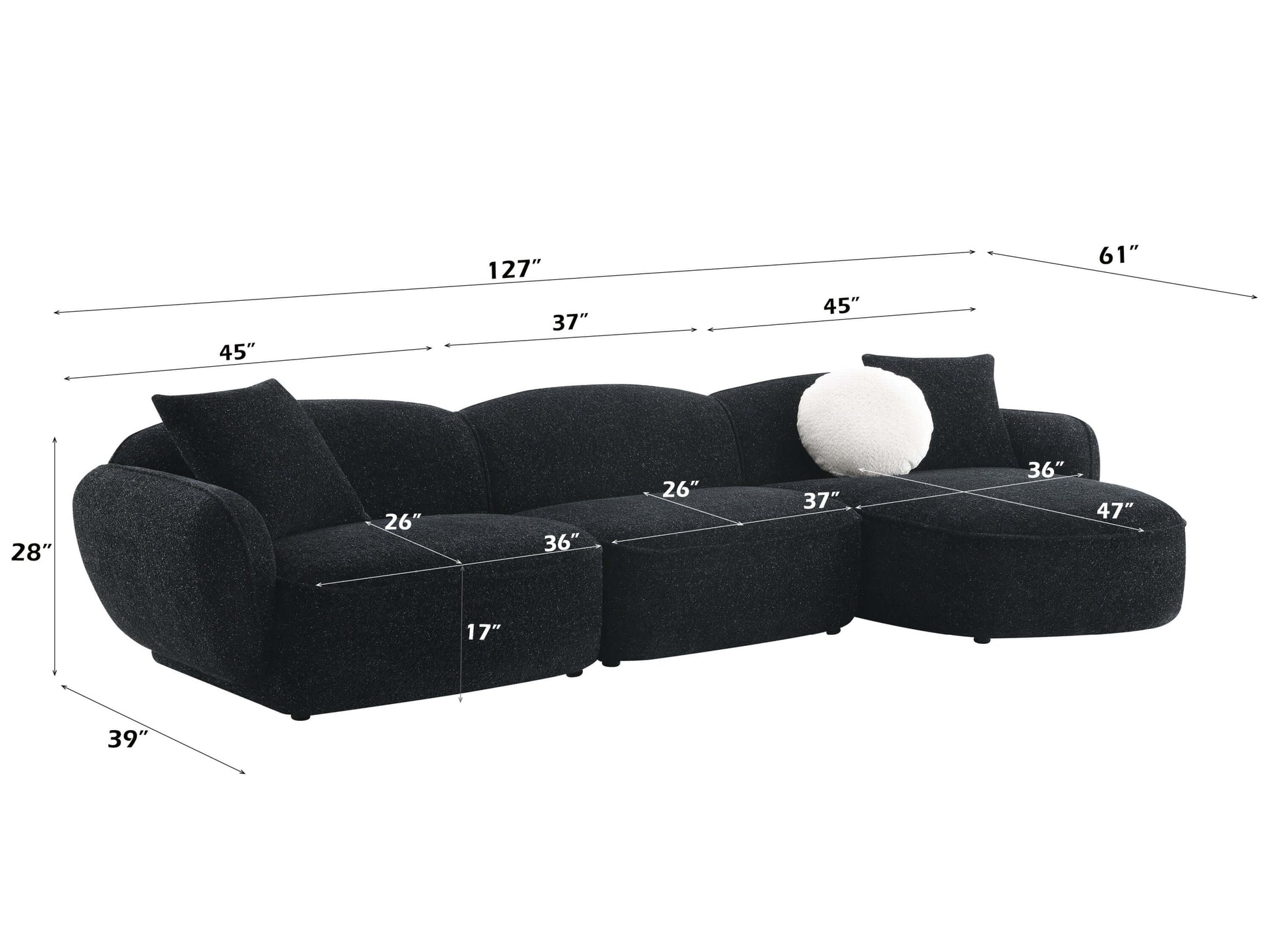 Lucifer Black & White Sectional Sofa – 127” Shimmer Fabric L-Shape Couch with 3 Pillows dimensions and measurements