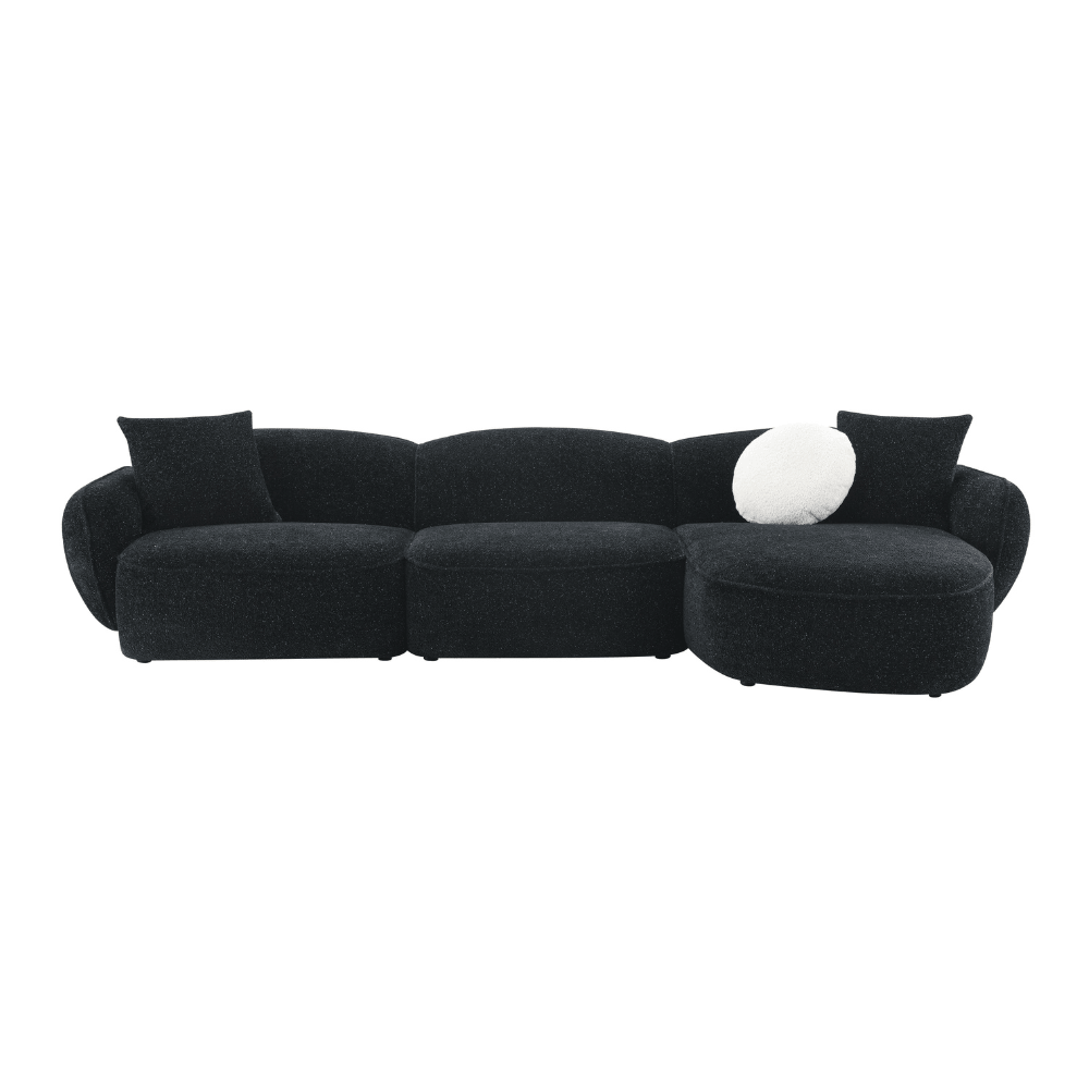 Lucifer Black & White Sectional Sofa – 127” Shimmer Fabric L-Shape Couch with 3 Pillows in black finish.