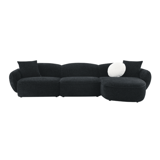 Lucifer Black & White Sectional Sofa – 127” Shimmer Fabric L-Shape Couch with 3 Pillows in black finish.