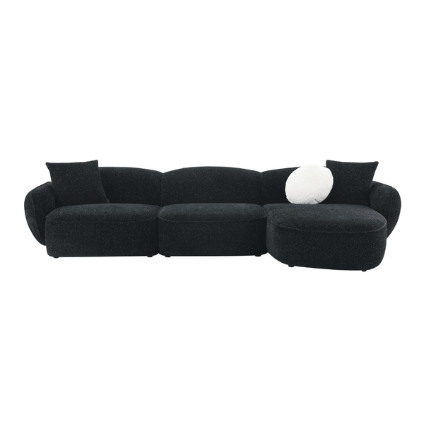Lucifer Black & White Sectional Sofa – 127” Shimmer Fabric L-Shape Couch with 3 Pillows in black finish.