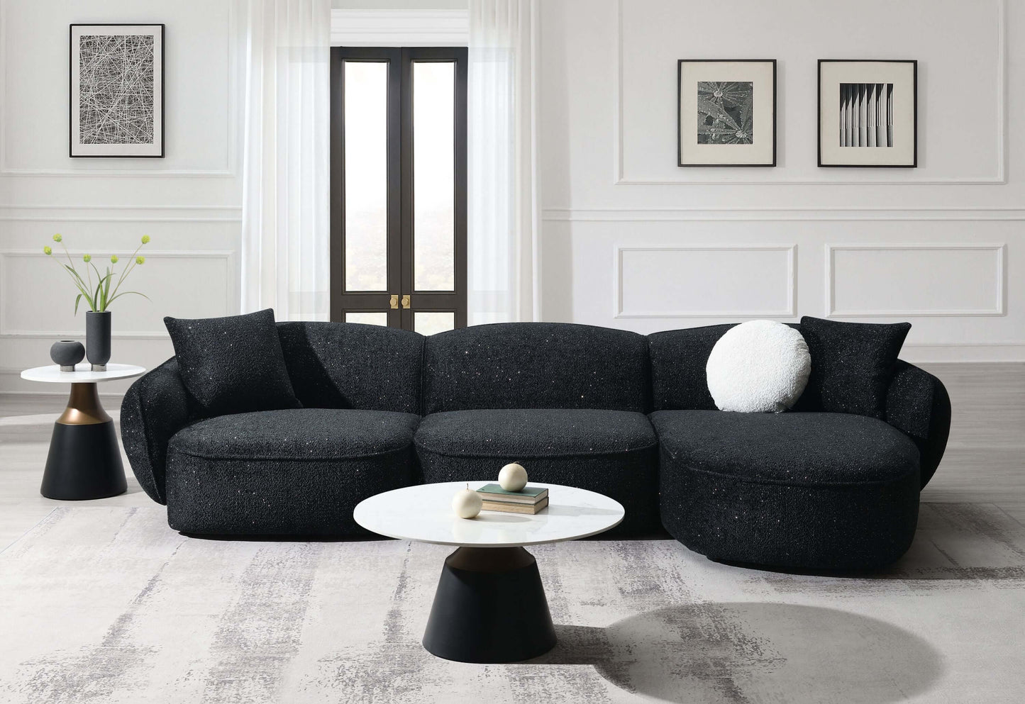 Lucifer Black & White Sectional Sofa – 127” Shimmer Fabric L-Shape Couch with 3 Pillows in modern living room.